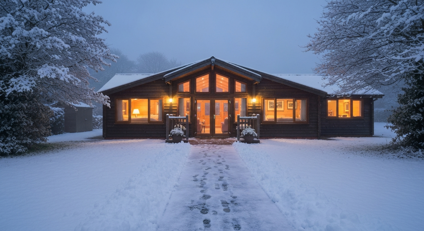 Cabin at dusk in winter with warm ember interior light and steam from the hot tub