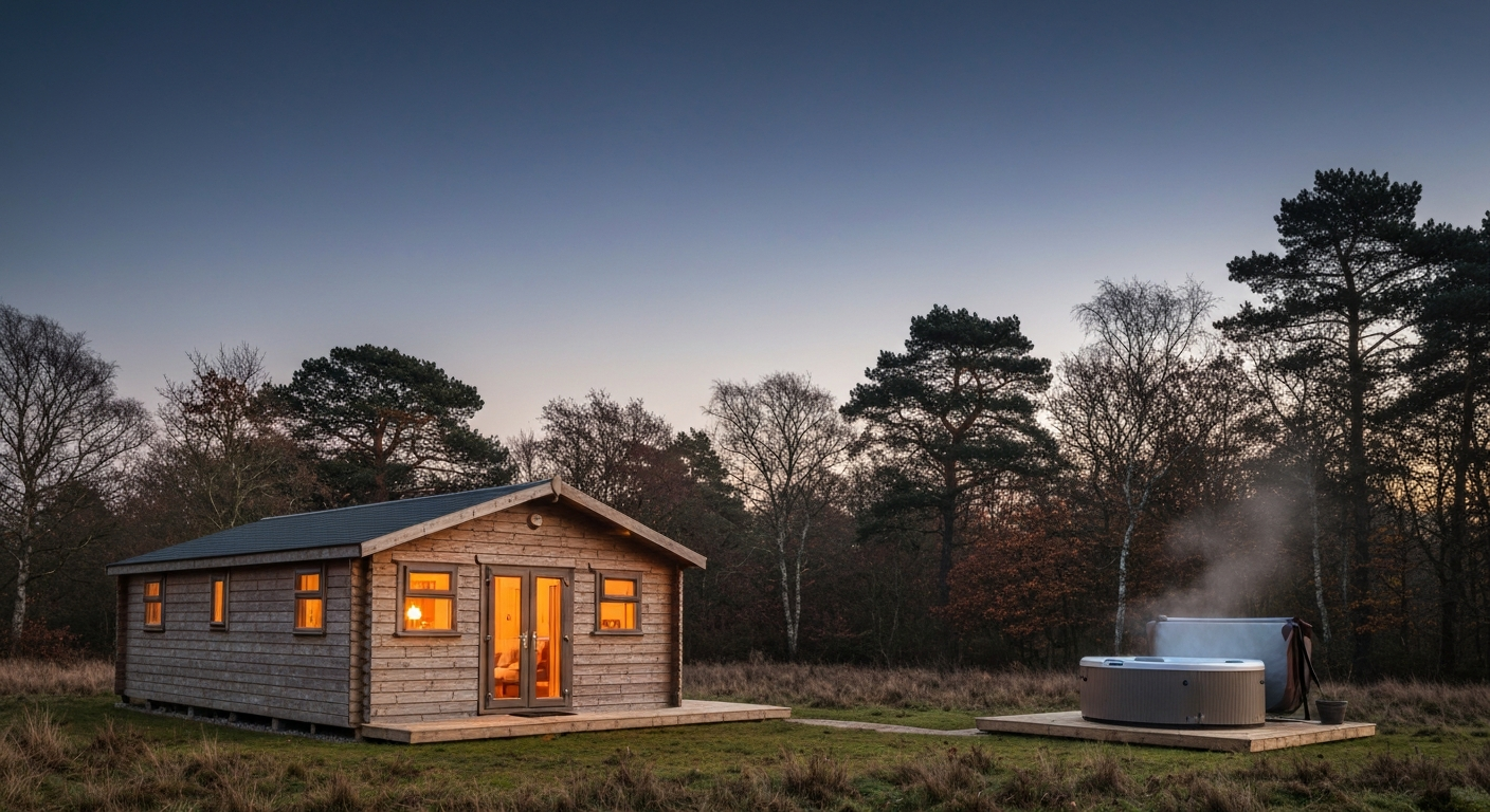 UK forest lodge at dusk with steam rising from a private hot tub on the deck, warm lamplight at one window, deep dusk-blue sky