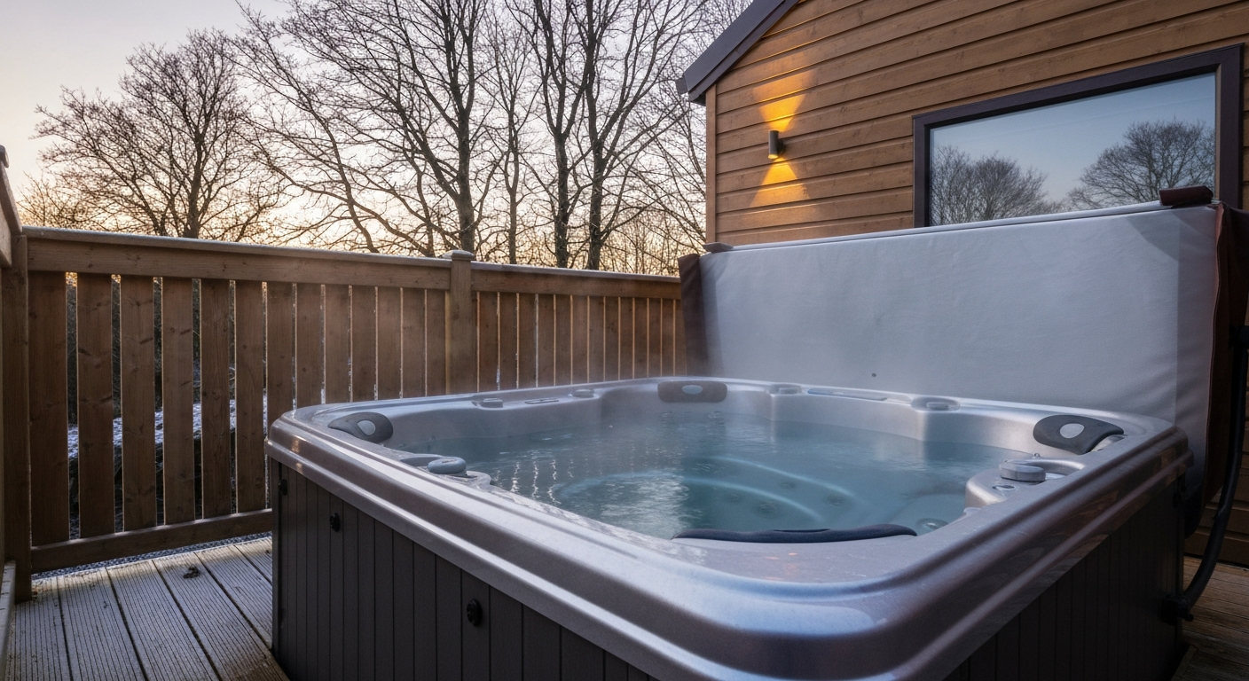 Timber lodge with private hot tub on the deck, warm evening light
